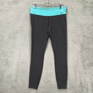 NIKE Dri Fit Leggings Womens L Wide Elastic Waist Gray Blue Pants Work Out Yoga